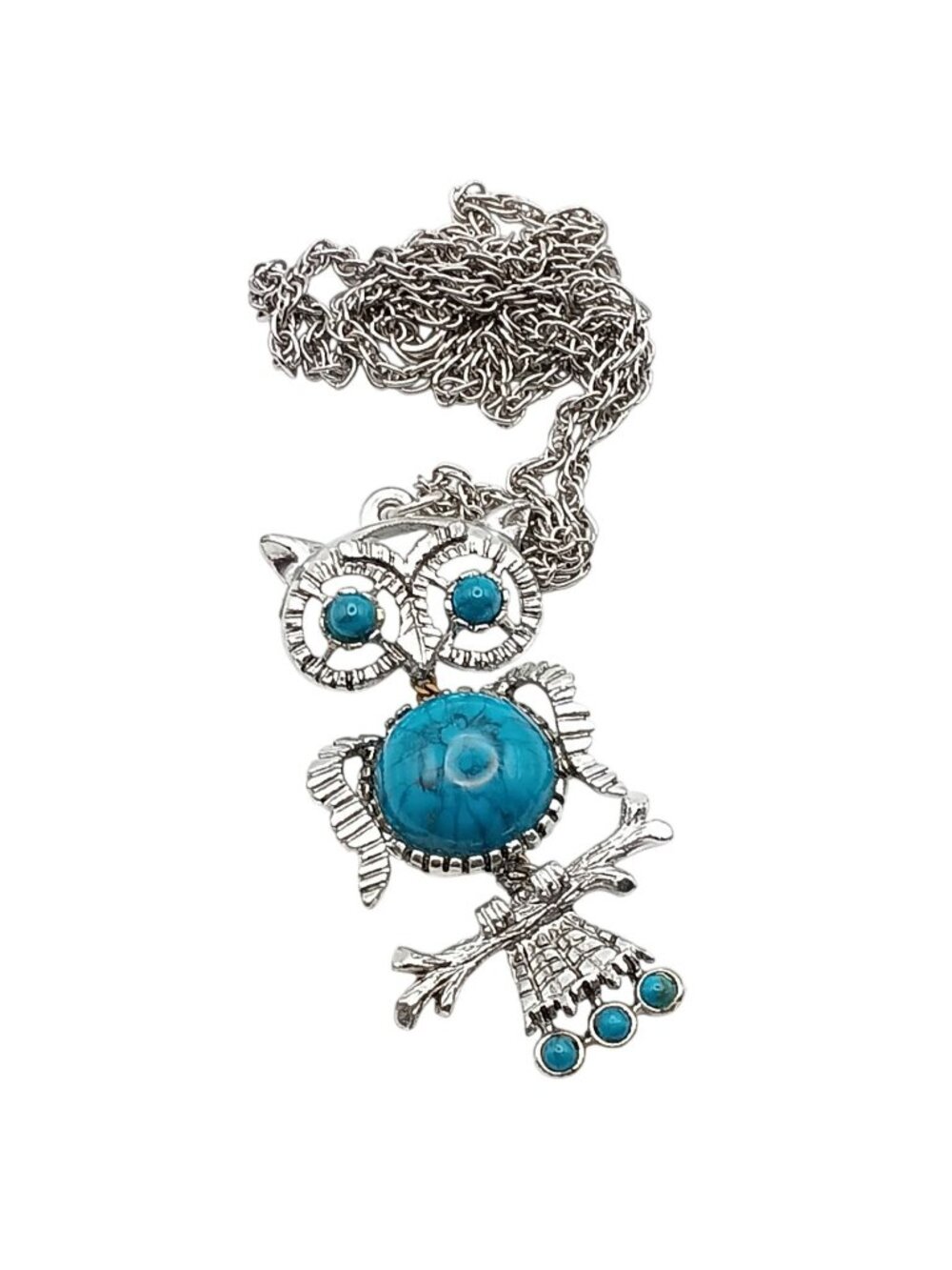 Silver-Tone Articulated Owl Pendant Necklace with Faux Turquoise Accents Vintage